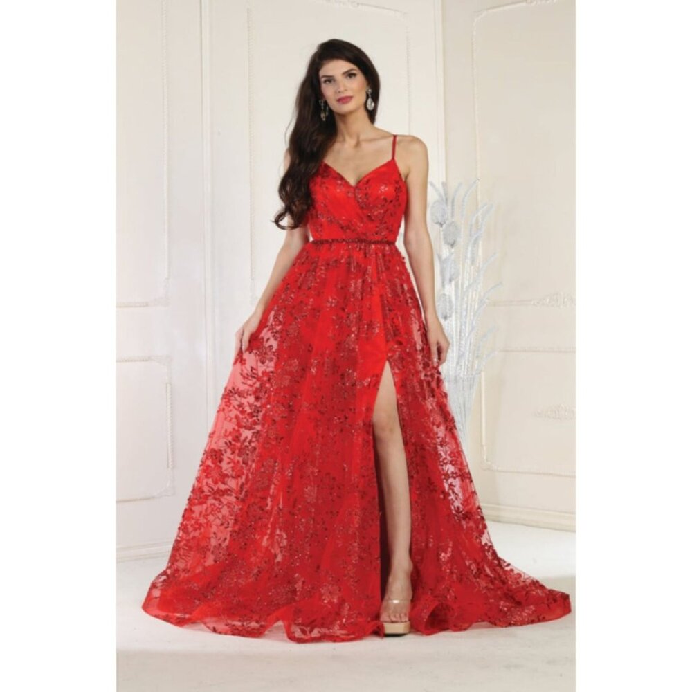 Red Formal Long V-Neck Sleeveless A-Line Dress By May Queen MQ1787